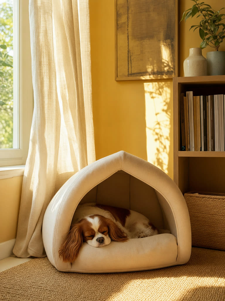 A small terrier resting in a cozy den nook