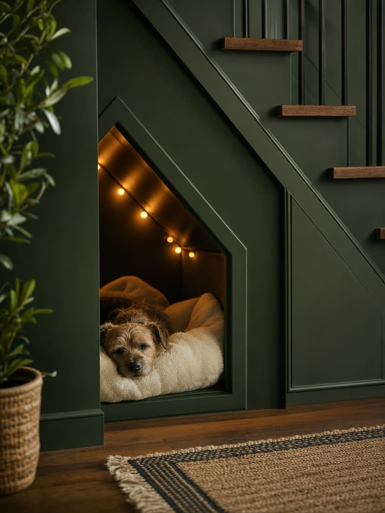 A small terrier resting in a cozy den nook