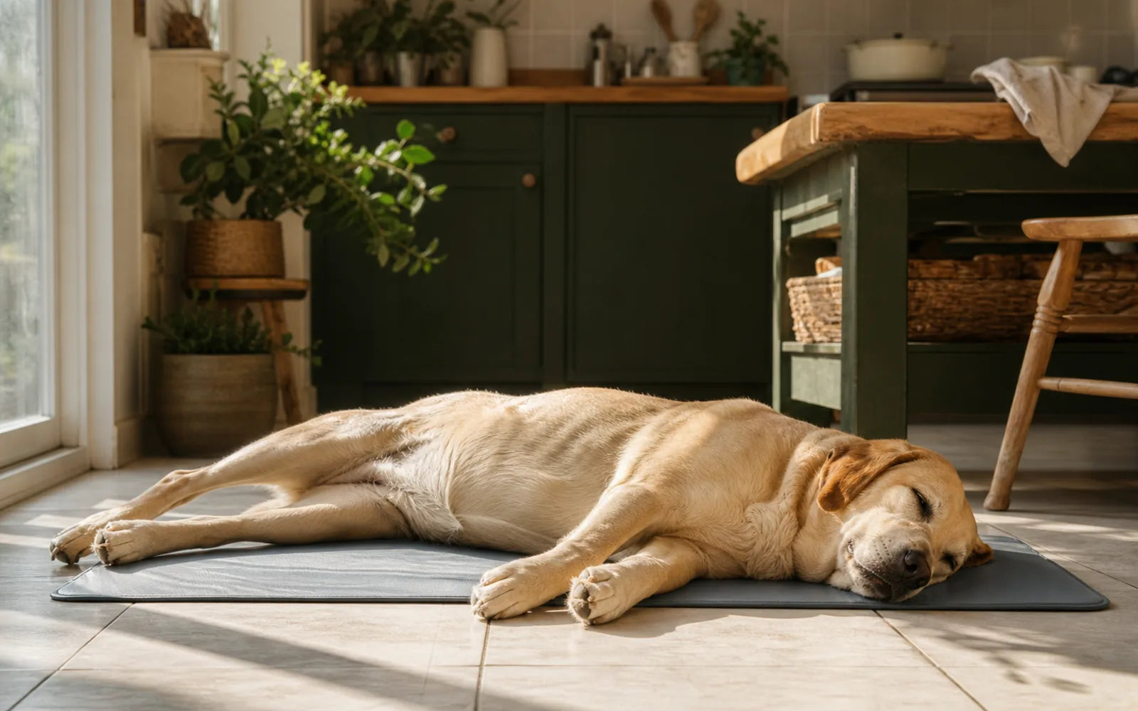 A dog lying stretched out on a cooling mat on a tiled floor