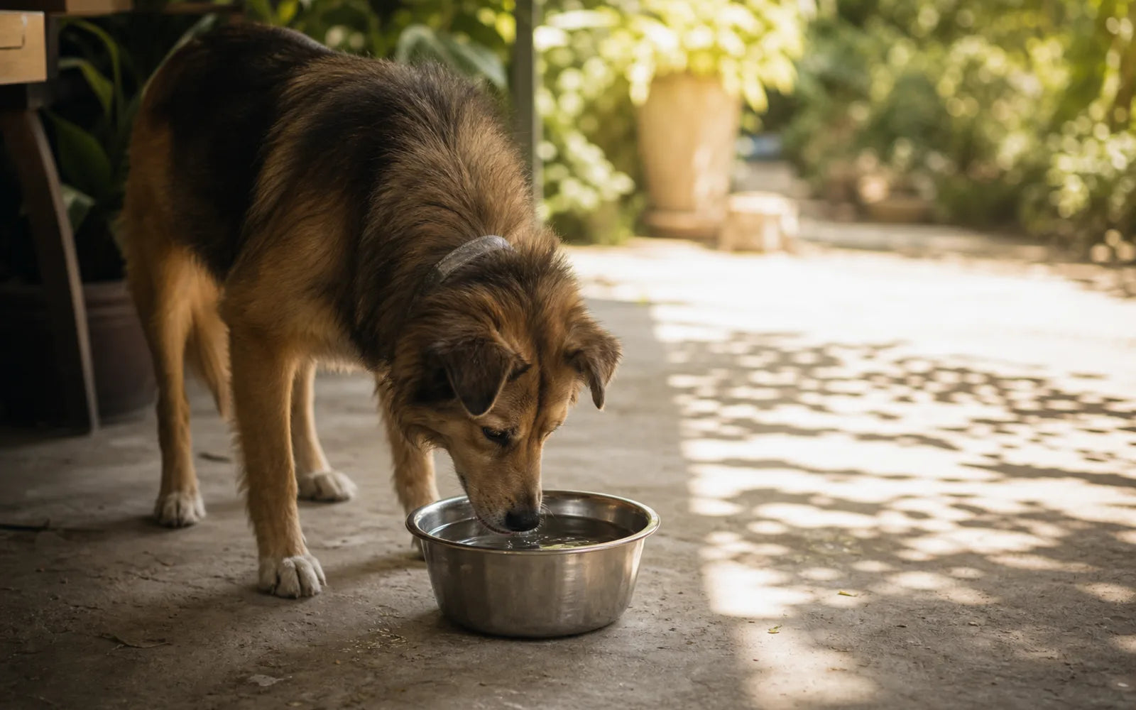 A dog drinking from a water bowl in the shade on a hot day