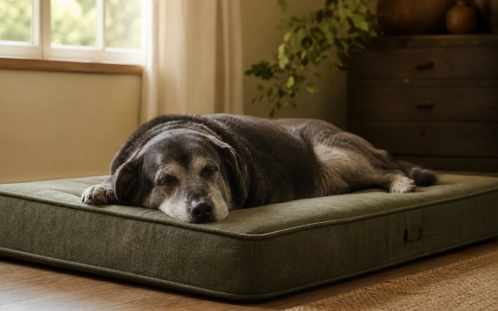 A senior dog lying comfortably on a thick memory foam orthopedic bed