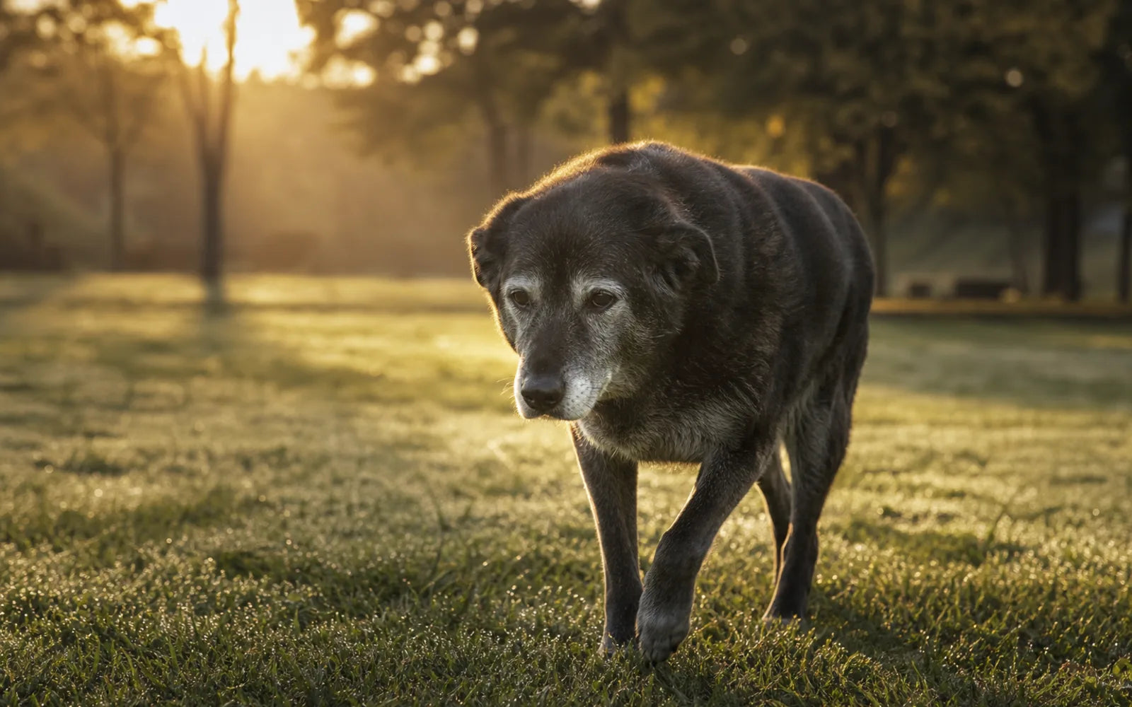 An older dog walking slowly on soft grass in gentle morning light