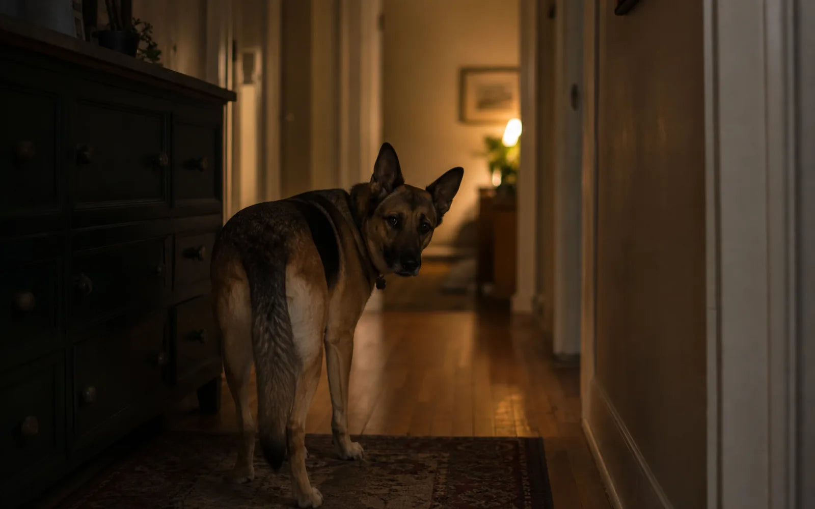 A dog standing alert in a darkened hallway at night