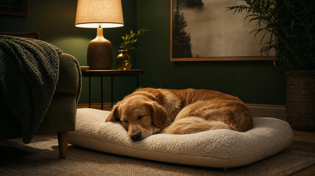 A golden retriever asleep on a Pawden calming bed in a warm green living room